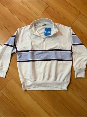 DSG White Quarter-Zip Pullover with Light Blue & Purple Stripes